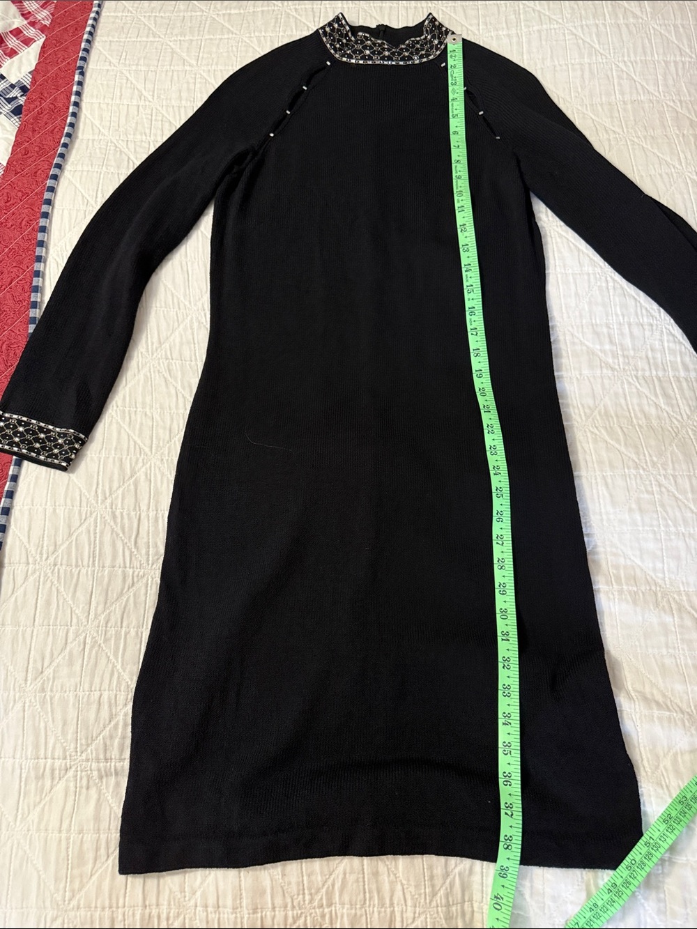 St. John Black Long-Sleeve Knit Dress with Jeweled Collar and Sleeves -Size 8 - Picture 10 of 11